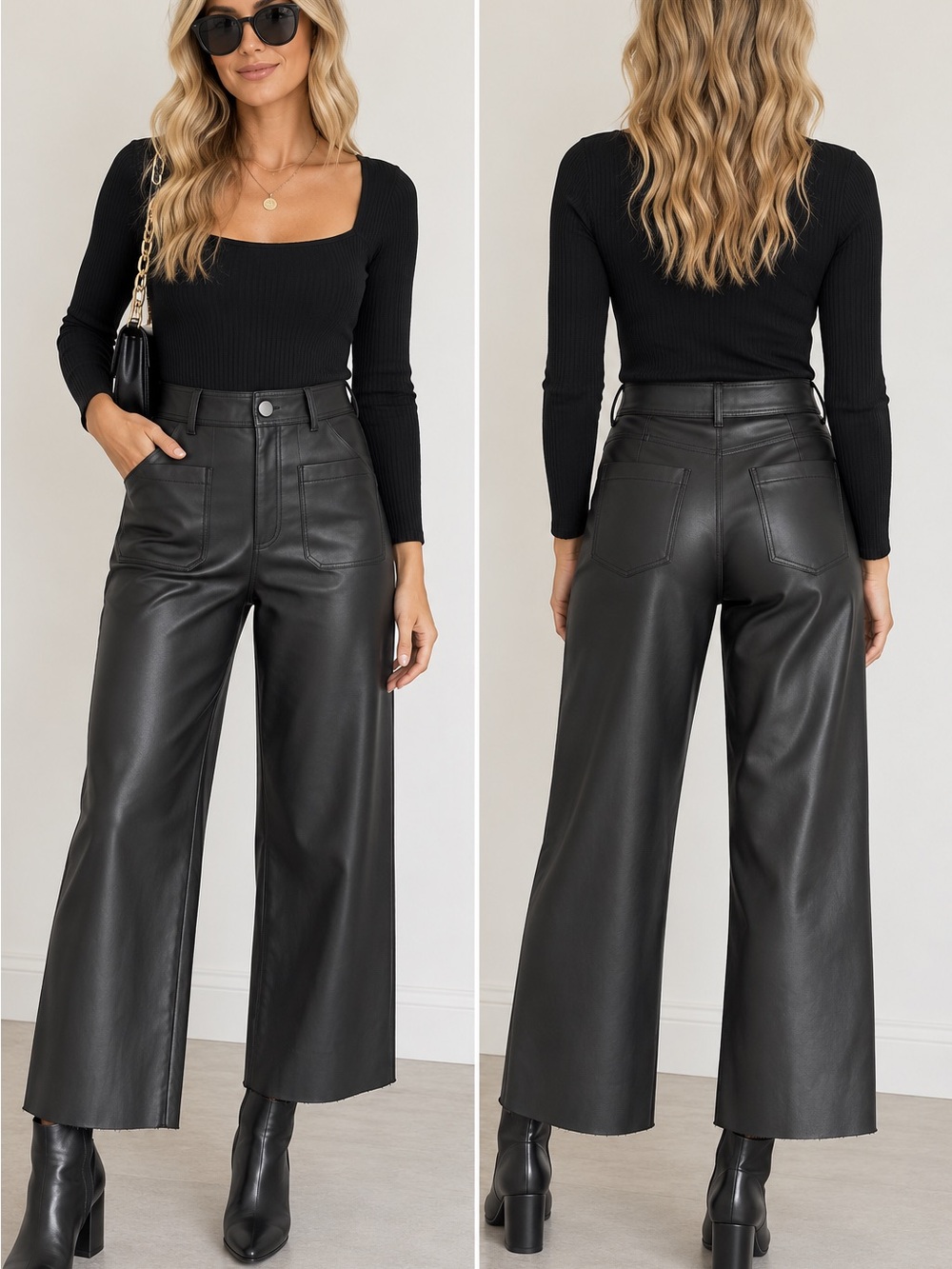 Zara ZW The Marine Black Faux Leather High Rise Wide Leg Pants 6